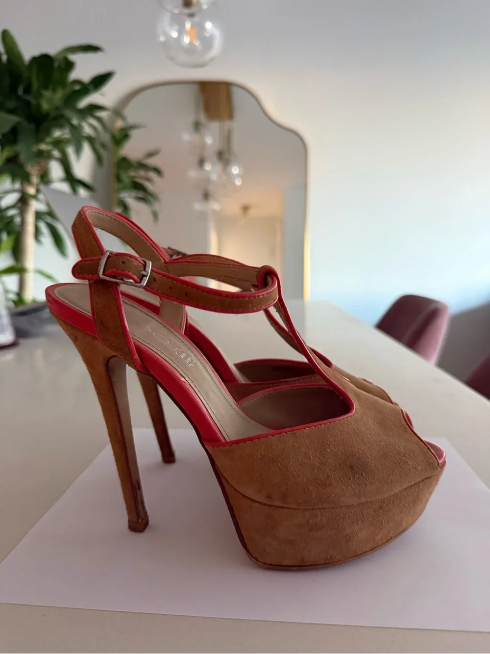Aldo T-Strap Suede Platform Sandals in Brown with Orange Trim